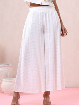 Juniper - Off-White Polka Dot Printed Rayon Flared Palazzo