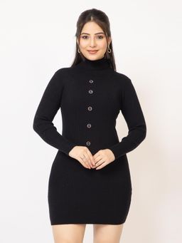 LASOON - Black Women Ribbed High Neck Bodycon Sweater Dress