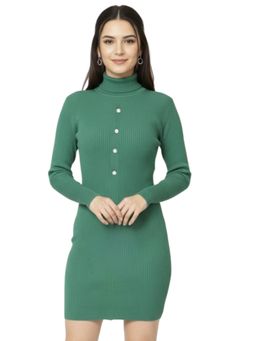 LASOON - Green Women Ribbed High Neck Bodycon Sweater Dress
