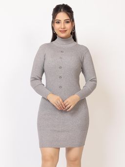 LASOON - Grey Women Ribbed High Neck Bodycon Sweater Dress