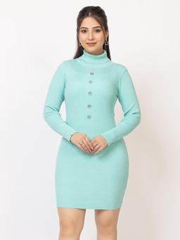 LASOON - Turquoise Women Ribbed High Neck Bodycon Sweater Dress