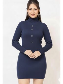 LASOON - Navy Blue Women Ribbed High Neck Bodycon Sweater Dress