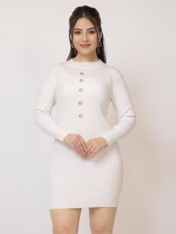 LASOON - White Women Ribbed Round Neck Bodycon Sweater Dress
