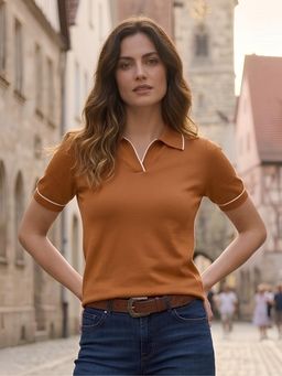 LASOON - Rust Viscose Rayon Half Sleeves Regular Fit Collar Neck Solid Polo T-shirt