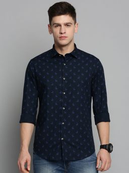 SHOWOFF - Mens Spread Collar Navy Blue Printed Shirt