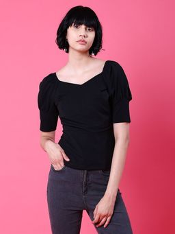 Freehand - Women Black Solid Fitted Wrap Top