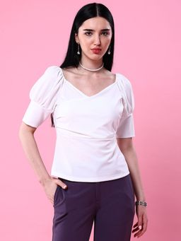 Freehand - Women White Solid Fitted Wrap Top