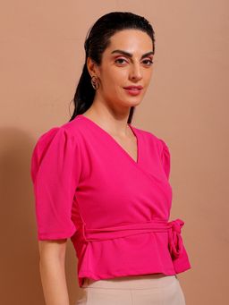 Freehand - Women Pink Fitted Solid Wrap Top with Belt