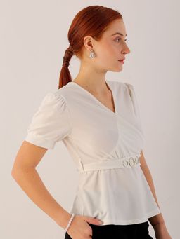 Freehand - Women White Solid Peplum Top with Belt