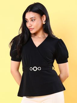 Freehand - Women Black Solid Peplum Top with Belt