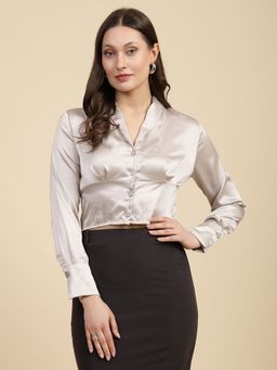 Freehand - Women Beige Fitted Solid Collared Neck Top
