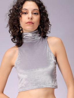 Freehand - Women Silver Fitted Solid Crop Top