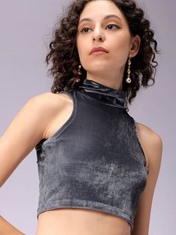 Freehand - Women Grey Fitted Solid Crop Top