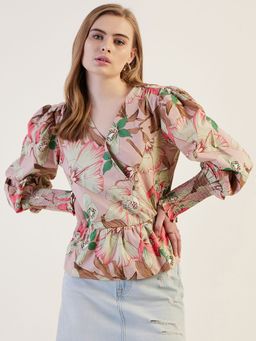 Freehand - Women Pink Fit & Flared Floral Print Wrap Around Top