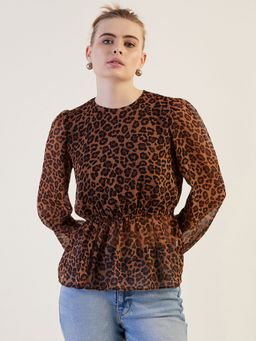 Freehand - Women Brown Fit & Flared Animal Print Round Neck Top