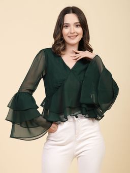 Freehand - Women Green Fit & Flared Solid Ruffled Top