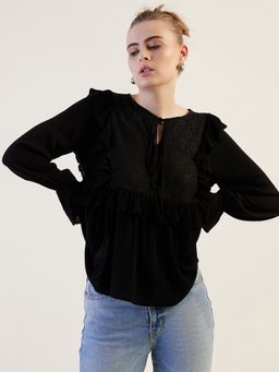 Freehand - Women Black Loose Fit Solid Lace Top