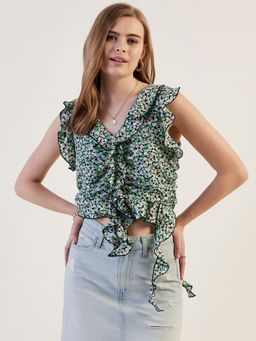 Freehand - Women Green Fitted Ditsy Printed Crop Top