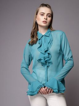 Freehand - Women Teal Regular Fit Solid Ruffled Top