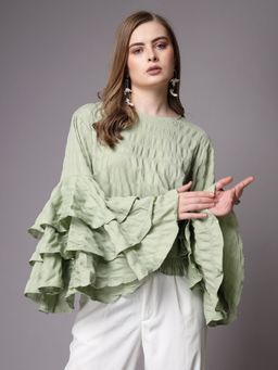 Freehand - Women Green Fitted Solid Ruffled Top