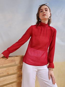 Freehand - Women Red Loose Fit Textured Gathered Top