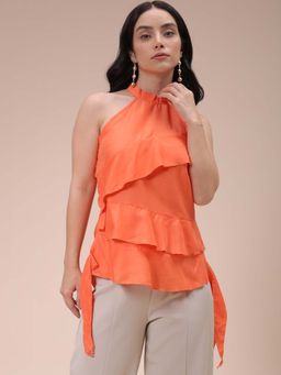 Freehand - Women Orange Regular Fit Solid Ruffled Top