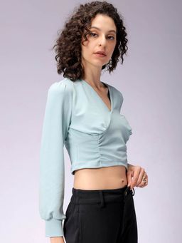 Freehand - Women Blue Fitted Textured Crop Top