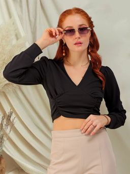 Freehand - Women Black Fitted Textured Crop Top