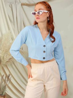 Freehand - Women Blue Fitted Textured Button Down Top