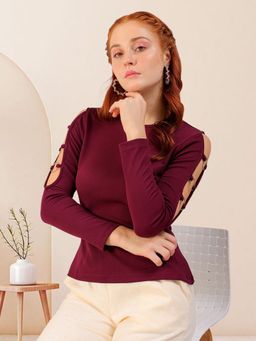 Freehand - Women Maroon Fitted Textured Round Neck Top