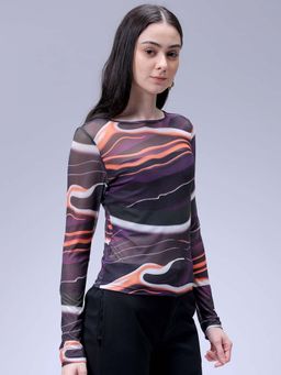 Freehand - Women Black Fitted Partywear Abstract Print Boat Neck Top