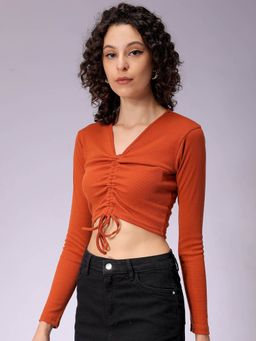 Freehand - Women Rust Fitted Solid Ruched Crop Top