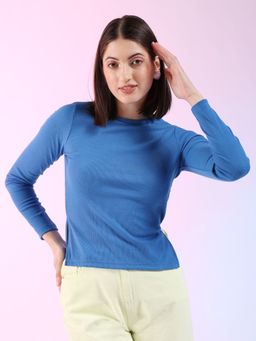 Freehand - Women Blue Fitted Solid Full Sleeves Rib Top