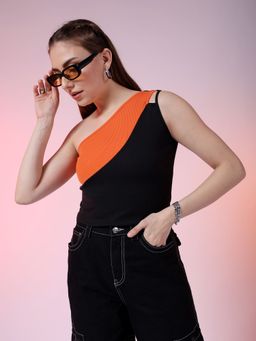 Freehand - Women Orange Fitted Colourblocked One Shoulder Top