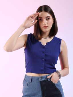 Freehand - Women Navy Blue Fitted Solid Sleeveless Rib Top