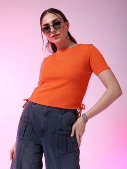Freehand - Women Orange Fitted Solid Ruched Top