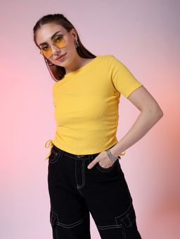 Freehand - Women Yellow Fitted Solid Ruched Top