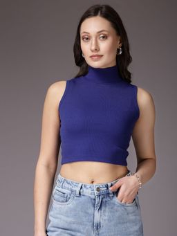 Freehand - Women Navy Blue Fitted Solid High Neck Crop Top