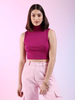 Freehand - Women Purple Fitted Solid High Neck Crop Top