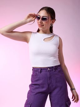 Freehand - Women White Fitted Solid Keyhole Top