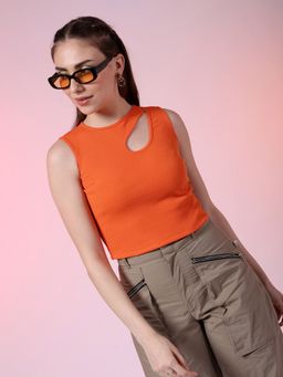 Freehand - Women Orange Fitted Solid Keyhole Top