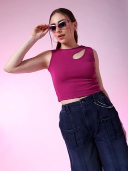 Freehand - Women Purple Fitted Solid Keyhole Top