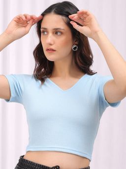 Freehand - Women Blue Fitted Solid Crop Top