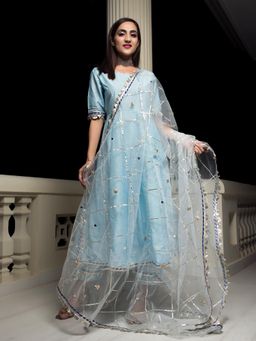 POMCHA - Cotton Silk Blue Anarkali With Gotta Jaal Work (Set of 3)
