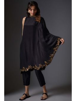 Studio A - Black Crepe Embroidered Cape Sleeve Kurta with Pant (Set of 2)