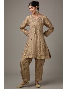 Studio A - Brown Tissue Dori Hand Embroidered Kurta with Pant (Set of 2)