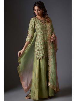 Studio A - Green Banarasi Palazzo with Kurta and Dupatta (Set of 3)
