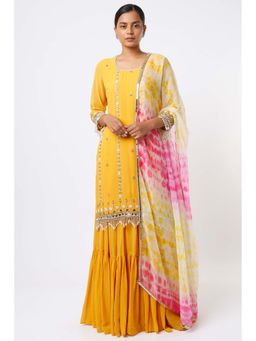 Studio A - Mustard Layered Lehenga with Kurta and Dupatta (Set of 3)