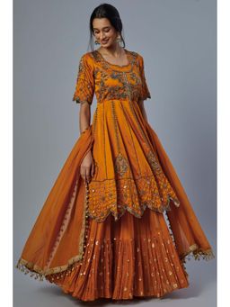 Studio A - Orange Satin Silk Kurta with Lehenga and Dupatta (Set of 3)