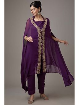 Studio A - Purple Georgette Hand Embroidered Cape with Blouse and Pant (Set of 3)